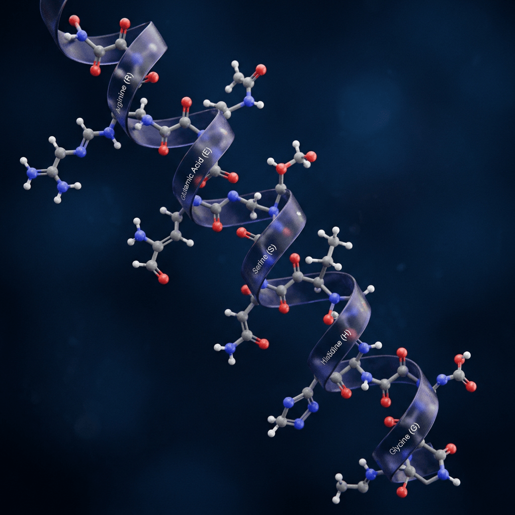 Molecular model of alpha helix protein with amino acids labeled