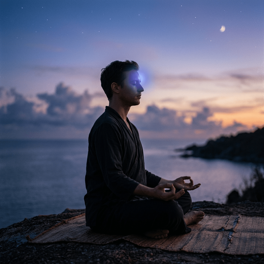 Man sitting cross-legged meditating near ocean at sunrise with glowing light at forehead
