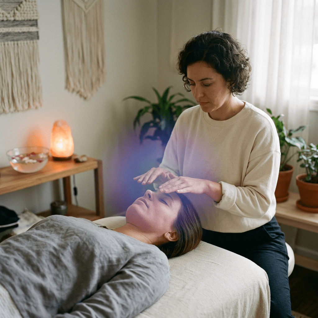 A practitioner placing hands near a client's forehead during Reiki healing