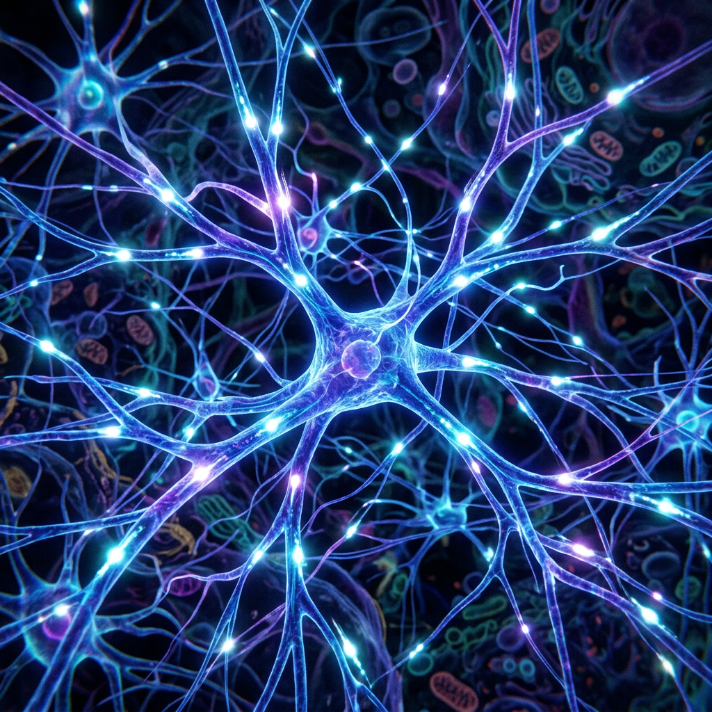 Neurons with glowing synapses transmitting electrical signals