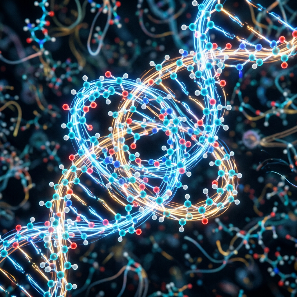 3D DNA double helix structure with molecular bonds and colorful atoms