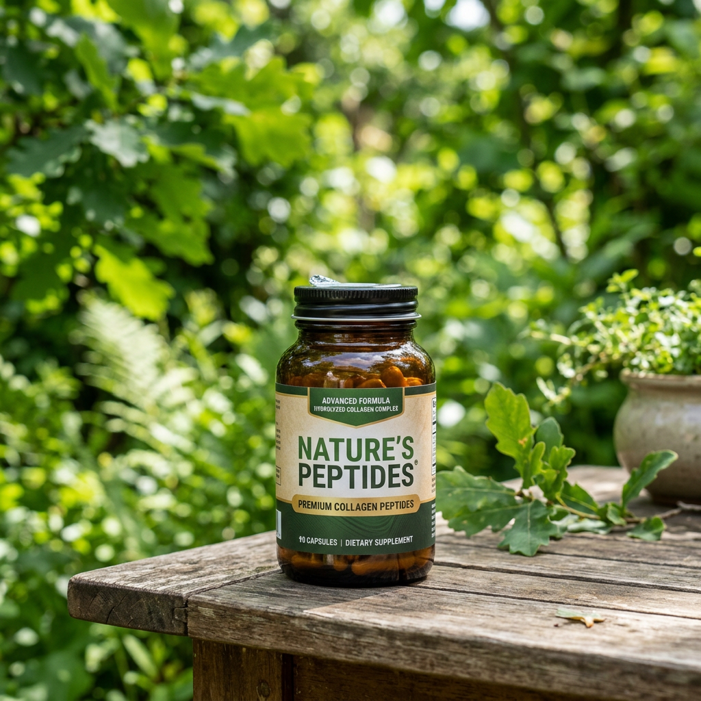 Bottle of Nature's Peptides premium collagen peptides dietary supplement on wooden table