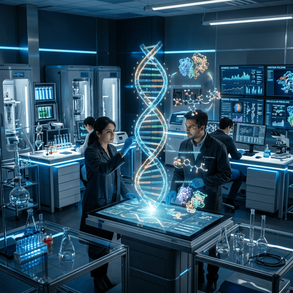 Scientists working with holographic DNA model and molecular graphics in laboratory.