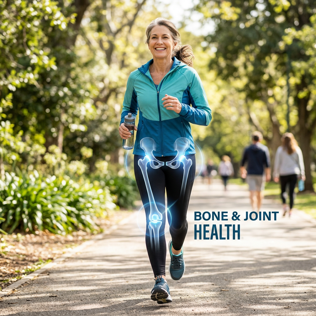 Woman jogging in a park with glowing bone graphics and text Bone & Joint Health